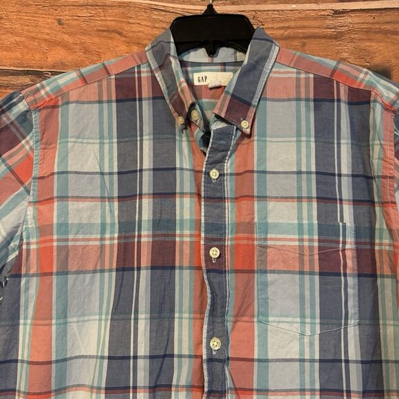 Gap Large Plaid Button Up Shirt Short Sleeve Blue & Pink Standard Fit Preppy - Picture 2 of 7